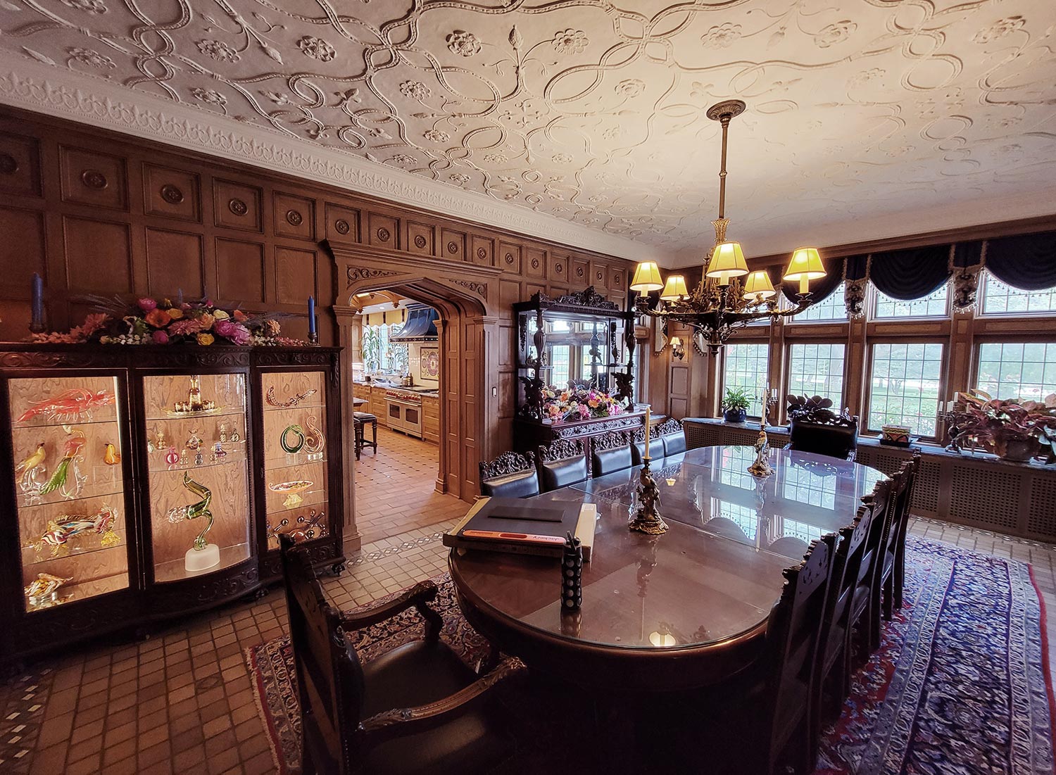 Carved paneling white oak dining room