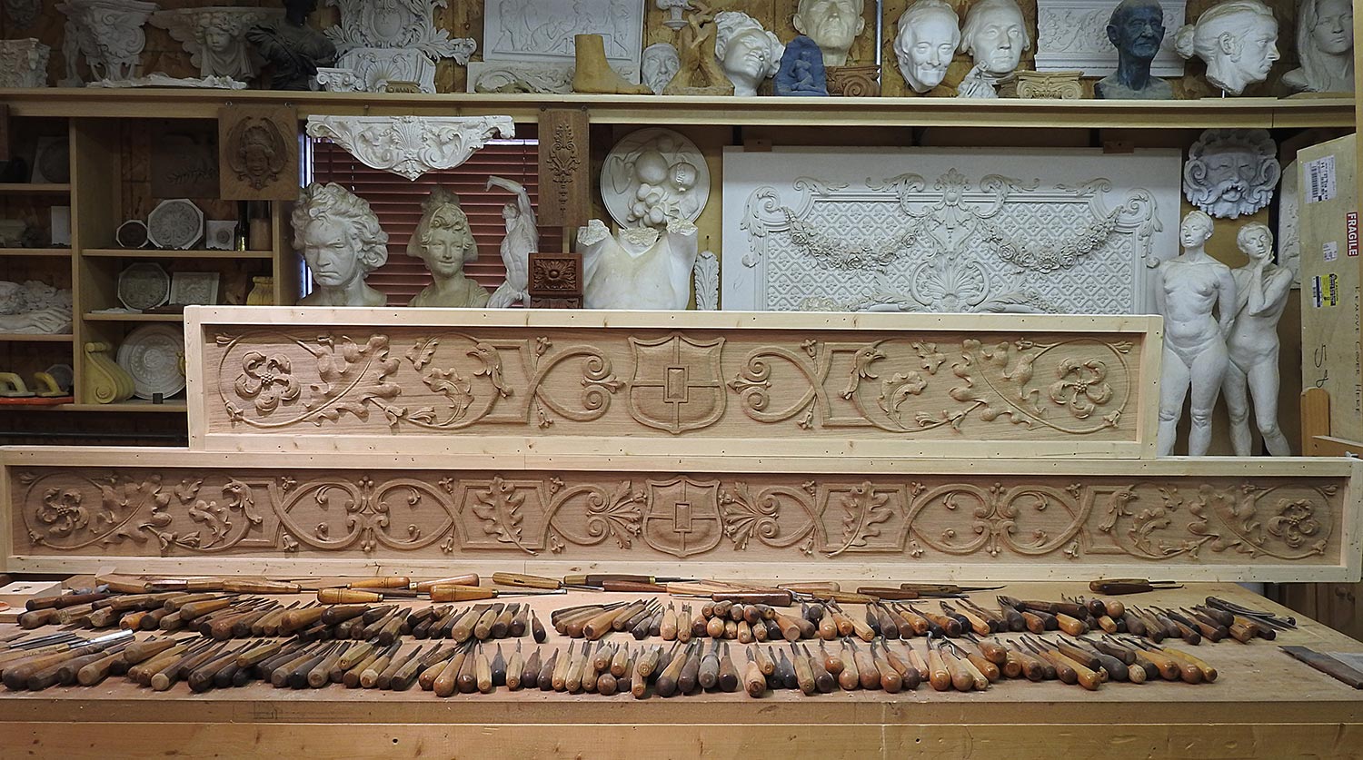 Carved white oak dining room panels