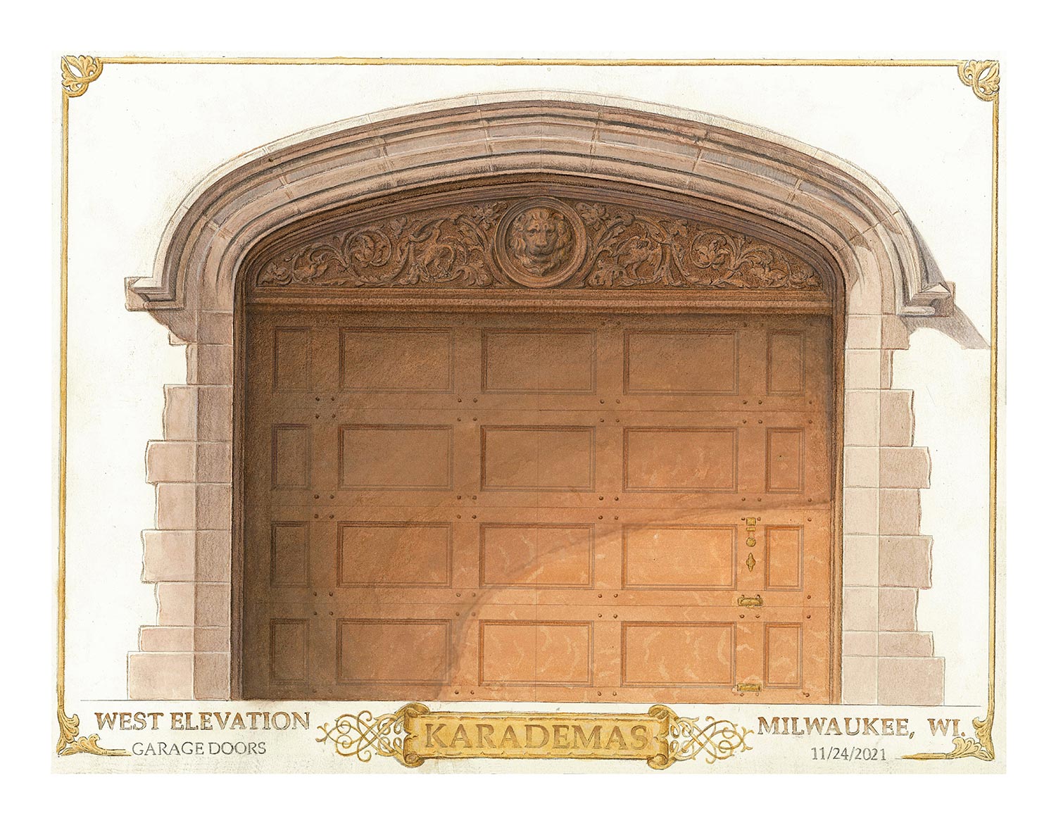 Watercolor rendering of Garage Doors and Carved Lunettes